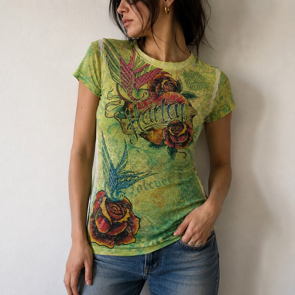 Harley-Davidson All My Heart Tattoo Graphic Tee Small Biker Y2K Golden Isles